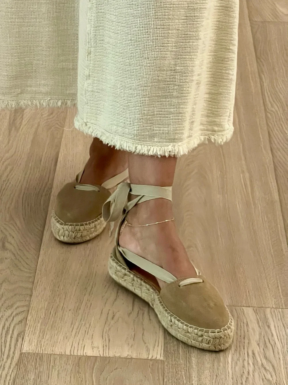 Made in Spain Tie-Ankle Suede Espadrille Flats in taupe. 7